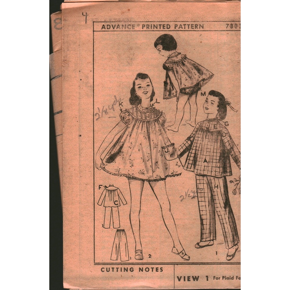 Vintage Advance 7803 Girls Pajamas Nightgown Bed Jacket Sewing Pattern Size 4